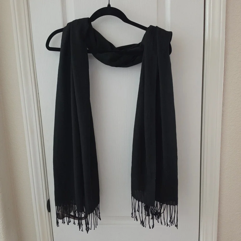 Black Viscose Scarf Fringe Trim Pashmina Shawl Wrap 66 Inch Long